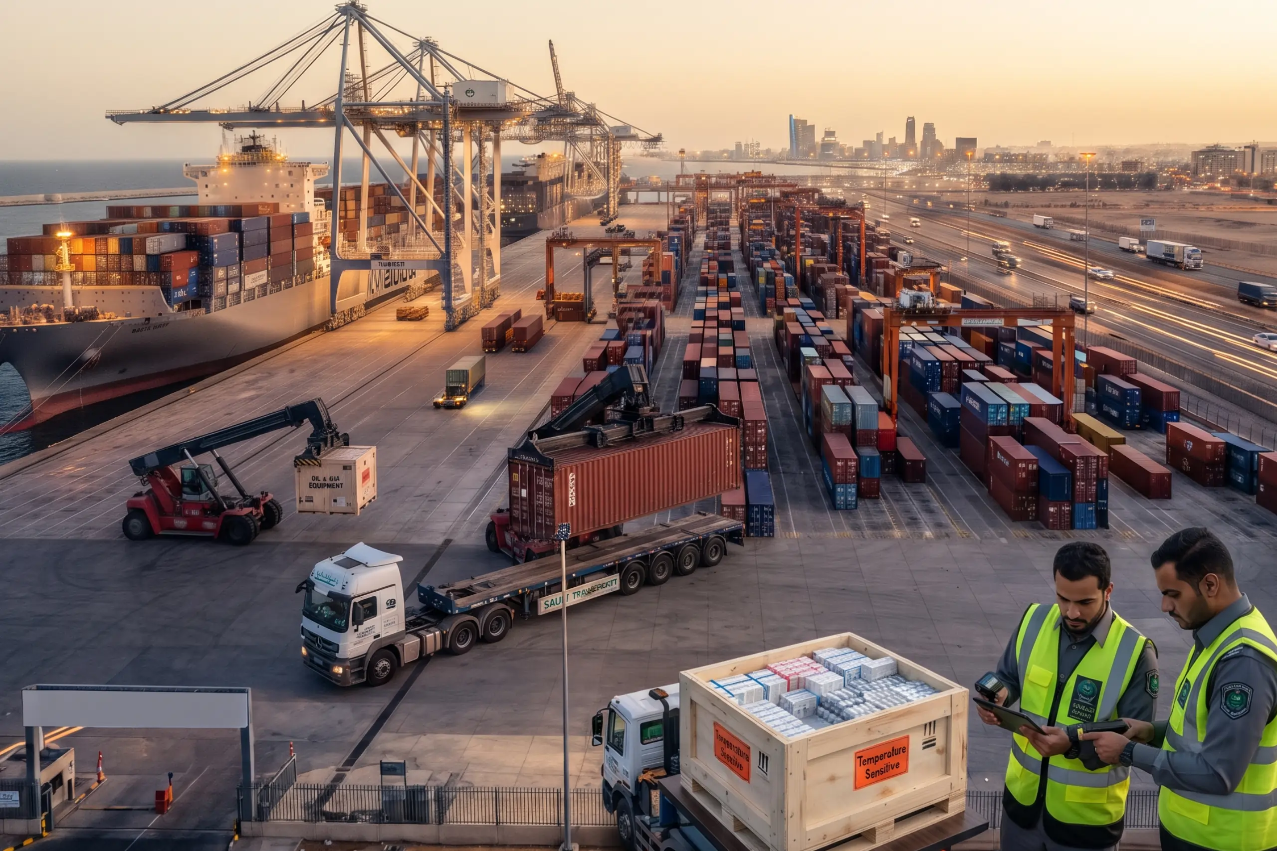 Aerial view of a bustling container terminal managed by a premier freight forwarder in Saudi Arabia.