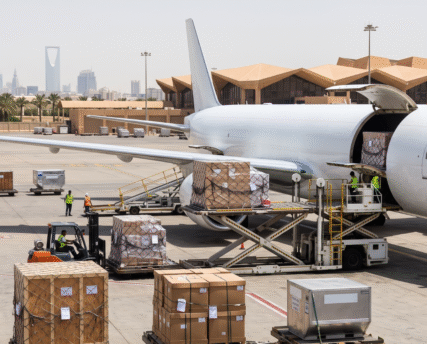 Daytime cargo airplane loading crates and pallets on tarmac for air freight to Saudi Arabia