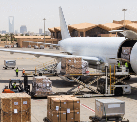 Daytime cargo airplane loading crates and pallets on tarmac for air freight to Saudi Arabia