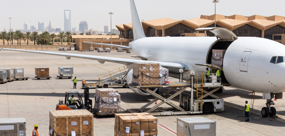 Daytime cargo airplane loading crates and pallets on tarmac for air freight to Saudi Arabia