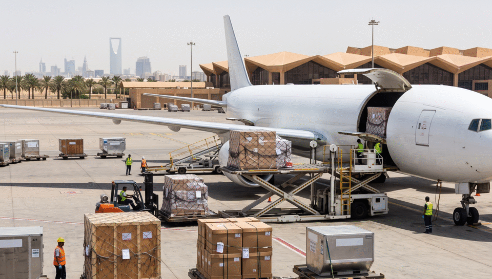 Daytime cargo airplane loading crates and pallets on tarmac for air freight to Saudi Arabia
