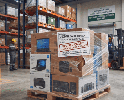 Pallet of insured high-value electronics in a warehouse featuring a clear commercial cargo insurance label.