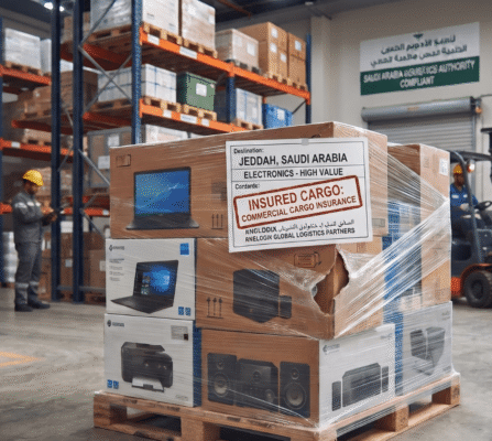Pallet of insured high-value electronics in a warehouse featuring a clear commercial cargo insurance label.