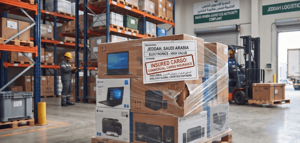 Pallet of insured high-value electronics in a warehouse featuring a clear commercial cargo insurance label.