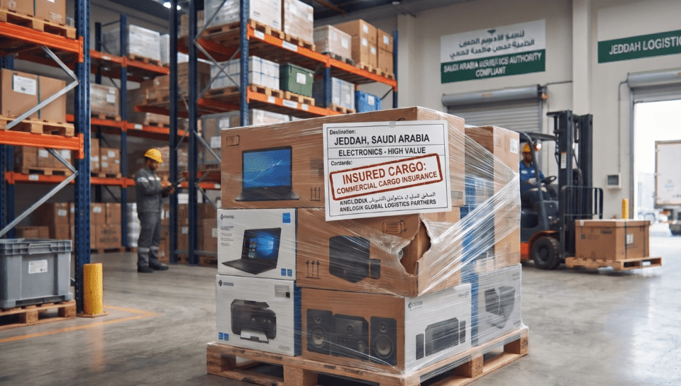 Pallet of insured high-value electronics in a warehouse featuring a clear commercial cargo insurance label.