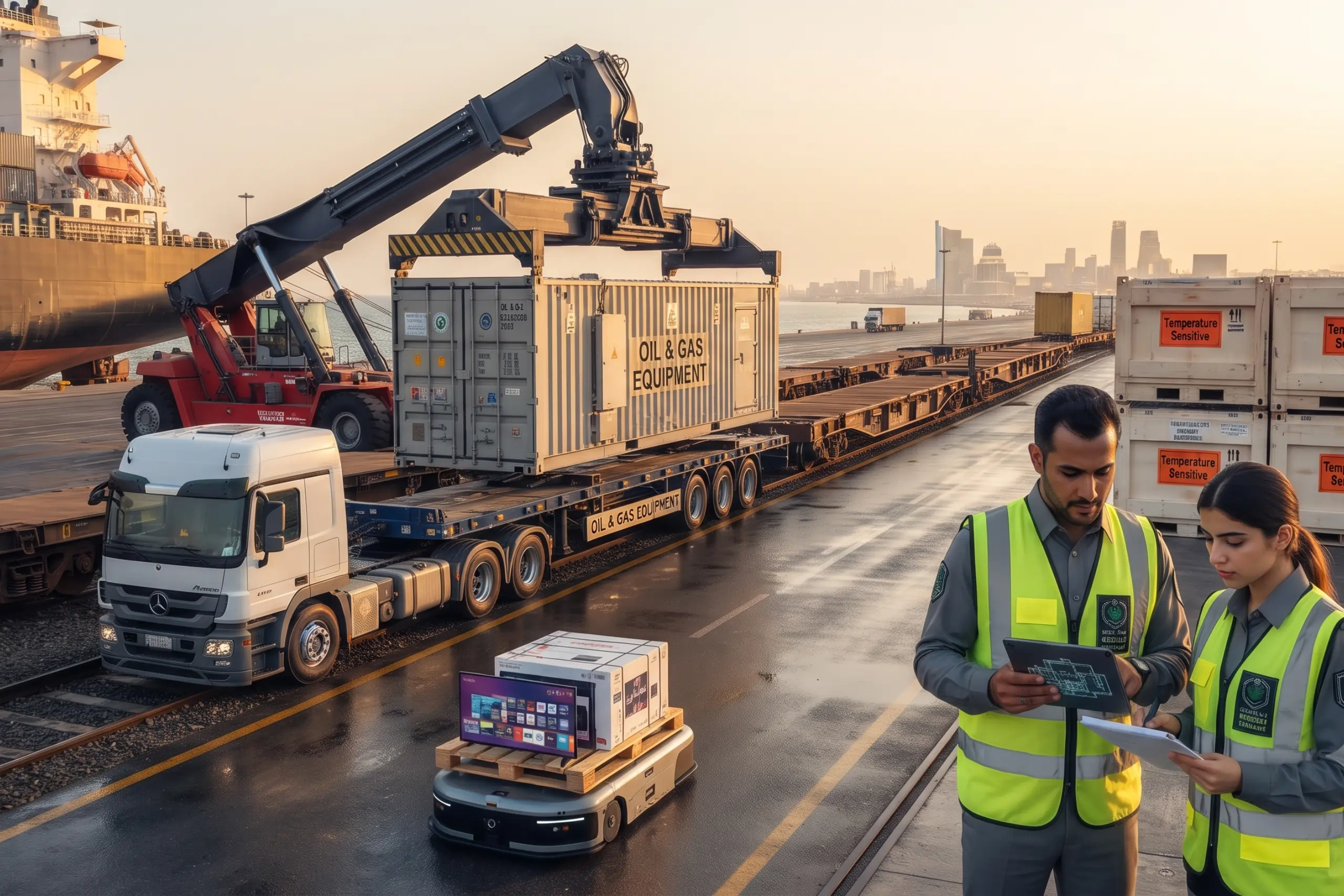 A freight forwarder in Saudi Arabia overseeing container handling and logistics operations at a busy commercial seaport.
