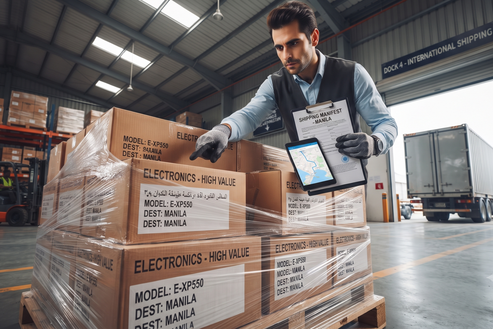 Logistics specialist pointing at high-value electronic cargo secured under commercial cargo insurance protocols in a warehouse.