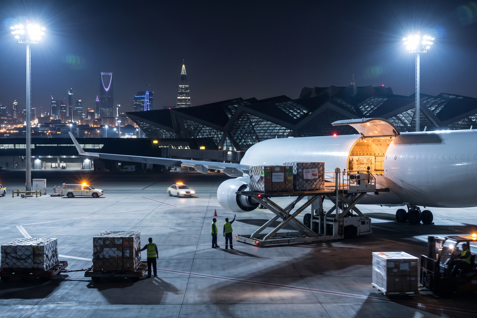 Nighttime cargo plane loading operations on airport tarmac for air freight to Saudi Arabia