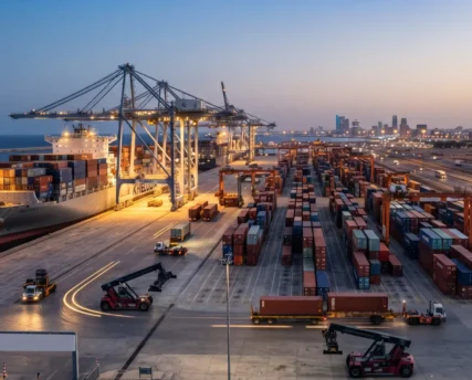 Evening operations at a shipping terminal facilitated by an experienced freight forwarder in Saudi Arabia.