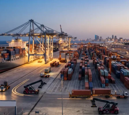 Evening operations at a shipping terminal facilitated by an experienced freight forwarder in Saudi Arabia.