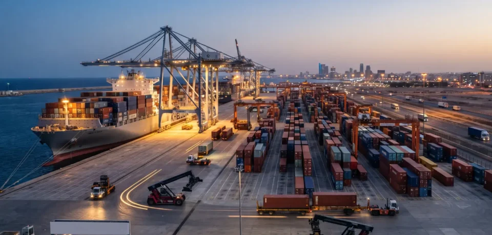 Evening operations at a shipping terminal facilitated by an experienced freight forwarder in Saudi Arabia.