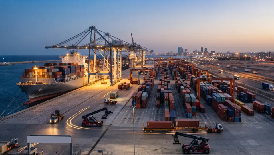 Evening operations at a shipping terminal facilitated by an experienced freight forwarder in Saudi Arabia.