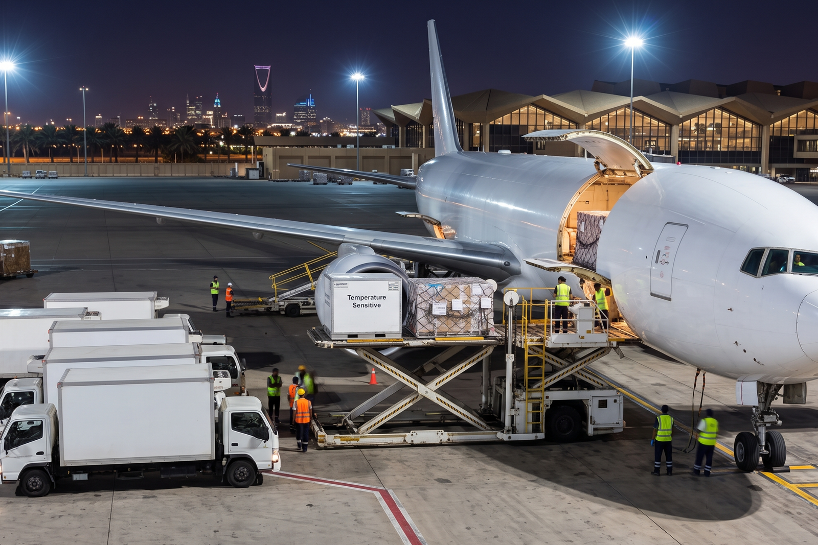 Cold-chain temperature-sensitive cargo loaded onto airplane for air freight to Saudi Arabia