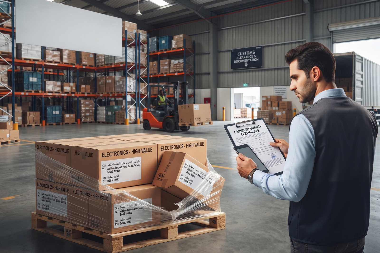Warehouse worker reviewing a cargo insurance certificate for high-value electronics to ensure proper commercial cargo insurance coverage.
