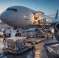 A female logistics worker in a hard hat and safety vest holds a rugged tablet displaying cargo tracking while standing on an airport tarmac beside a cargo plane being loaded.