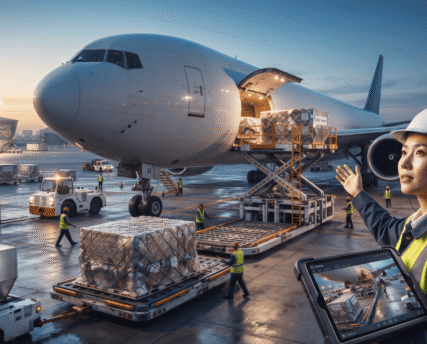 A female logistics worker in a hard hat and safety vest holds a rugged tablet displaying cargo tracking while standing on an airport tarmac beside a cargo plane being loaded.