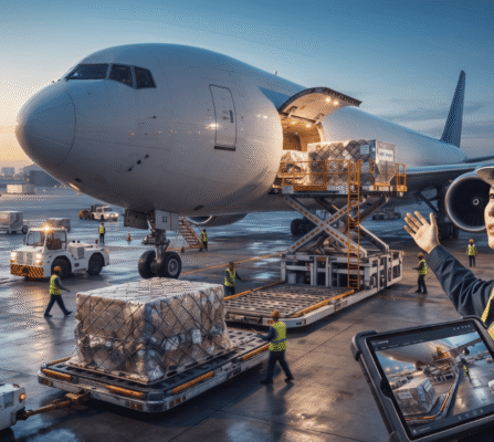 A female logistics worker in a hard hat and safety vest holds a rugged tablet displaying cargo tracking while standing on an airport tarmac beside a cargo plane being loaded.