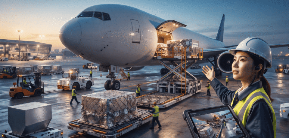 A female logistics worker in a hard hat and safety vest holds a rugged tablet displaying cargo tracking while standing on an airport tarmac beside a cargo plane being loaded.