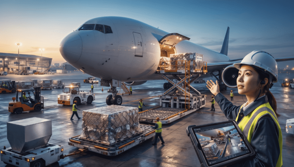 A female logistics worker in a hard hat and safety vest holds a rugged tablet displaying cargo tracking while standing on an airport tarmac beside a cargo plane being loaded.
