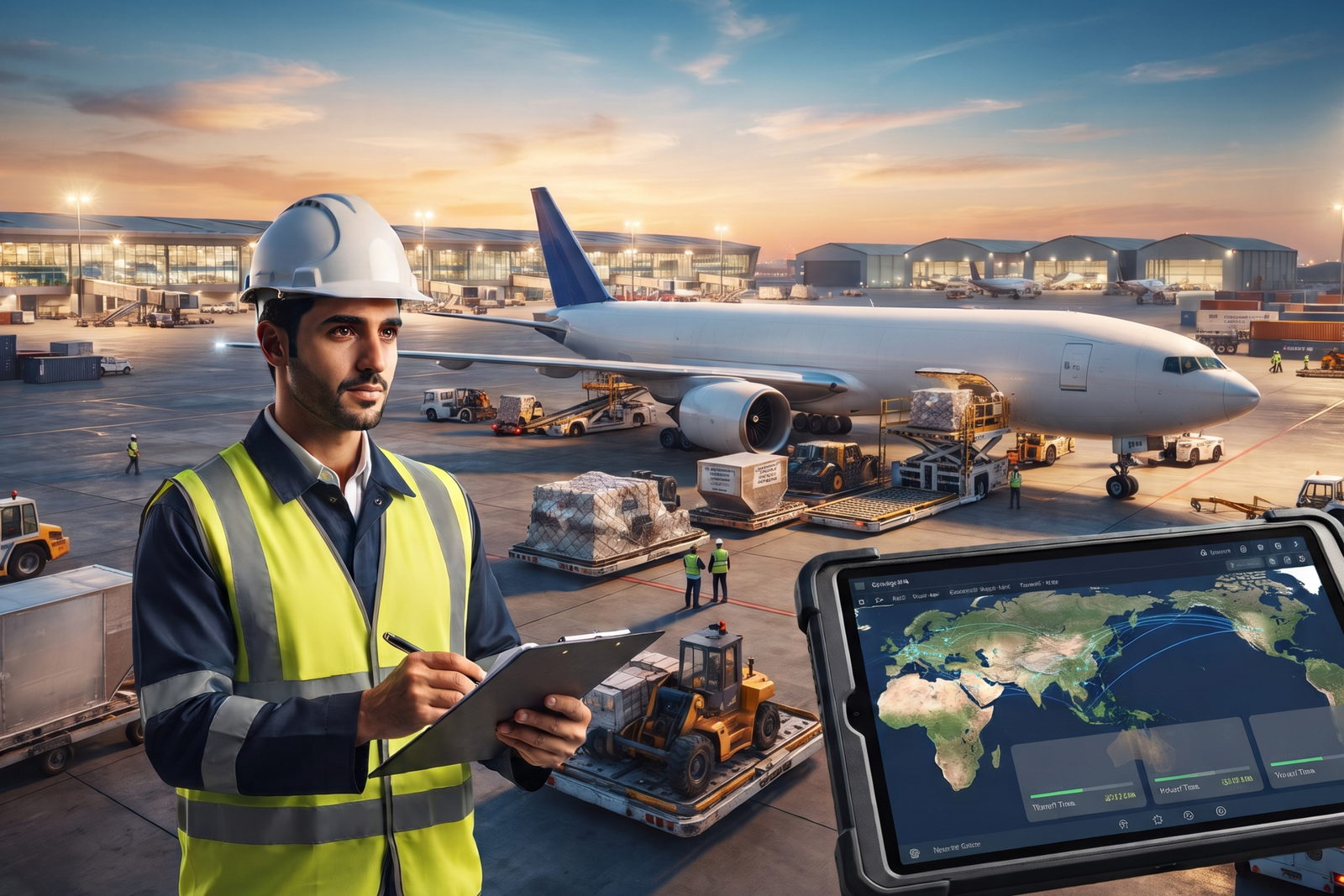 A logistics professional in a high-visibility vest and hard hat reviewing manifests on an airport tarmac with cargo planes, accompanied by a tablet displaying global shipping routes.