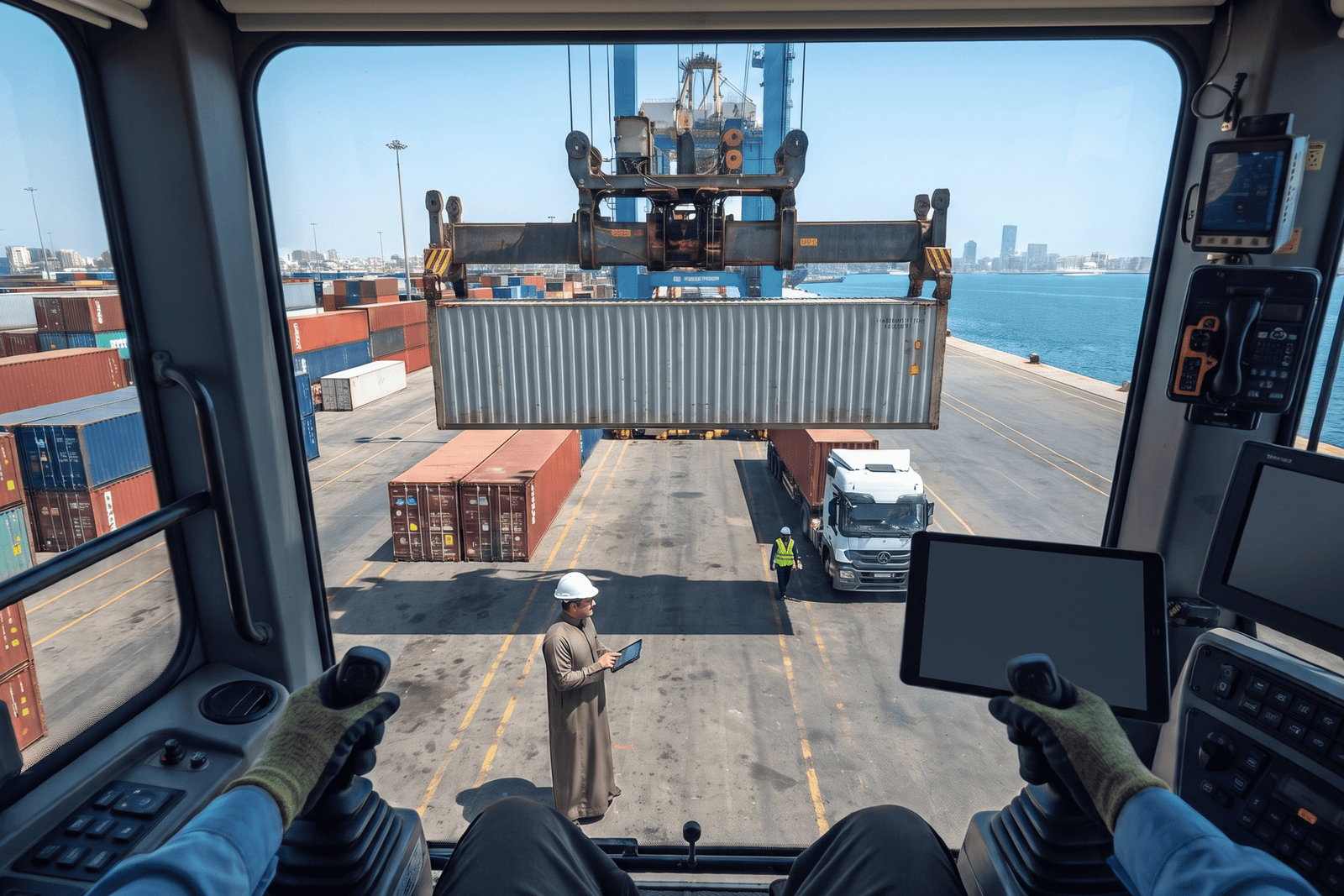 First-person view from inside a crane cabin overlooking a busy shipping yard with stacked containers and a worker using a tablet, coordinated by a freight forwarding logistics company.