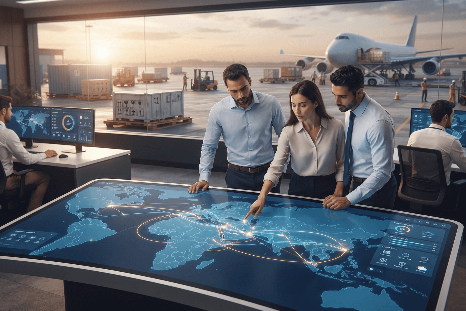 A team of logistics managers collaborating around a large interactive digital touch screen displaying a world map with shipping routes inside a modern office overlooking an airport tarmac.