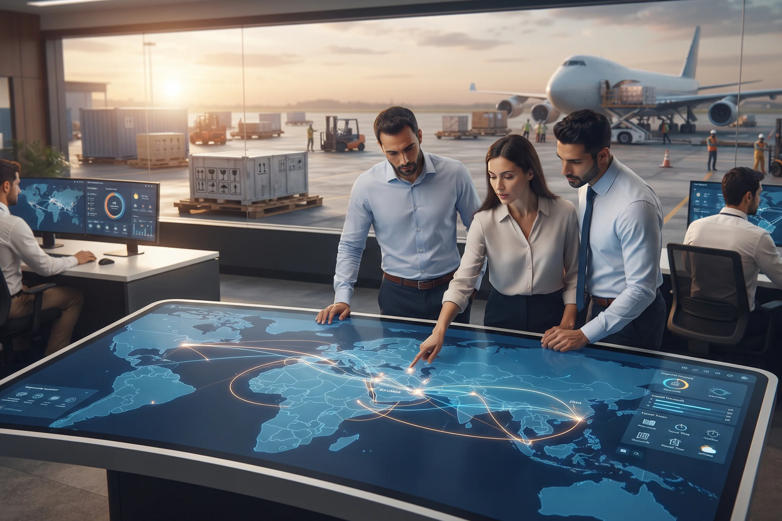A team of logistics managers collaborating around a large interactive digital touch screen displaying a world map with shipping routes inside a modern office overlooking an airport tarmac.