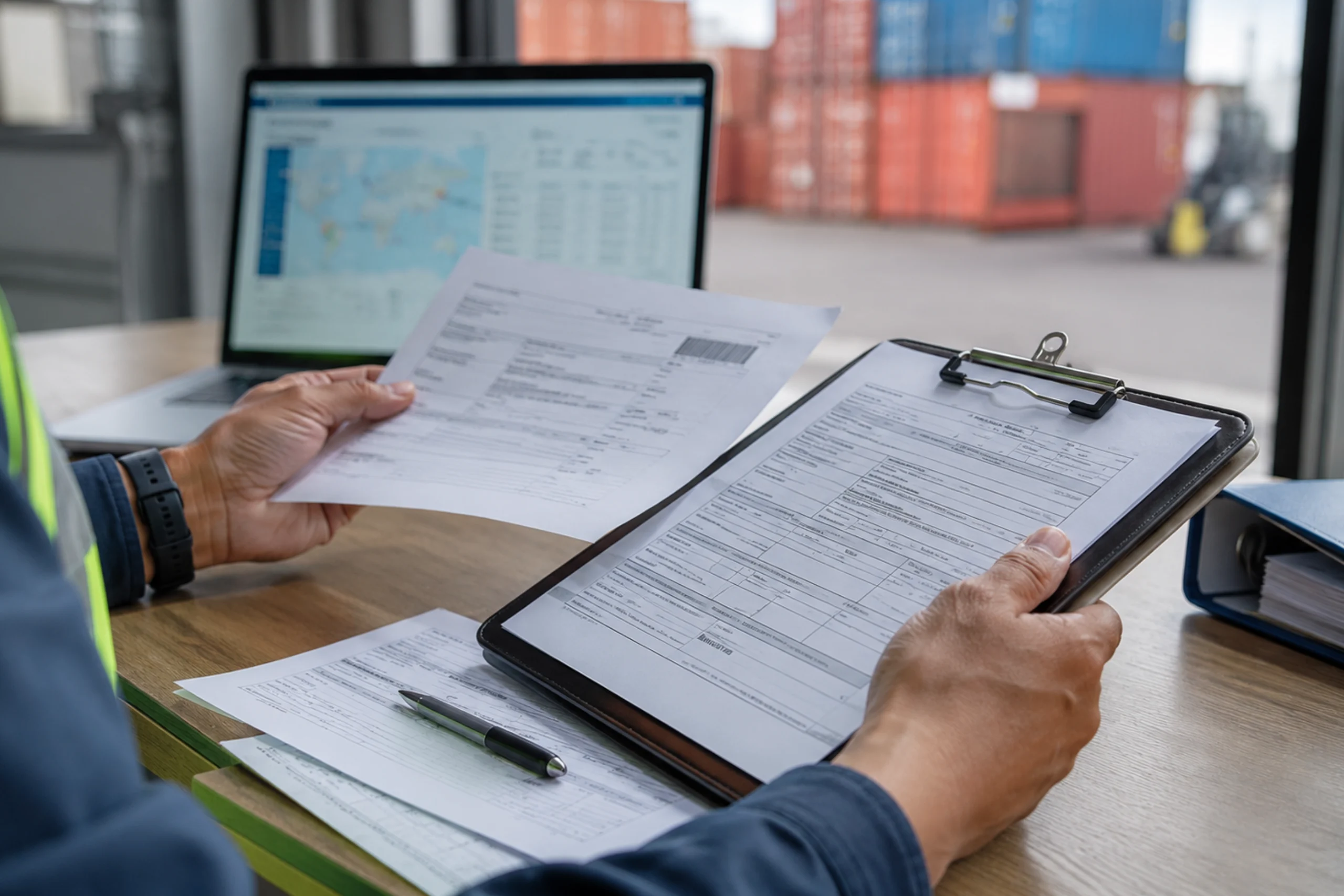 Freight transporters reviewing shipping documents and customs clearance forms on a clipboard, with a logistics tracking dashboard and shipping containers visible in the background.