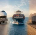 Freight transporters using air, sea, and road logistics, featuring a cargo plane, container ship, and freight truck connected in a seamless multimodal transportation scene.
