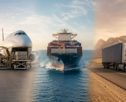 Freight transporters using air, sea, and road logistics, featuring a cargo plane, container ship, and freight truck connected in a seamless multimodal transportation scene.