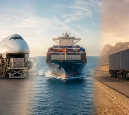 Freight transporters using air, sea, and road logistics, featuring a cargo plane, container ship, and freight truck connected in a seamless multimodal transportation scene.
