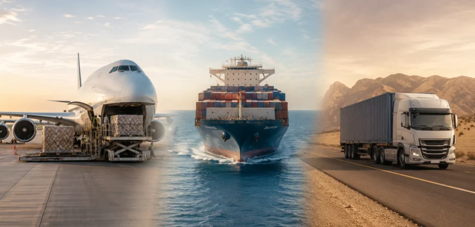 Freight transporters using air, sea, and road logistics, featuring a cargo plane, container ship, and freight truck connected in a seamless multimodal transportation scene.