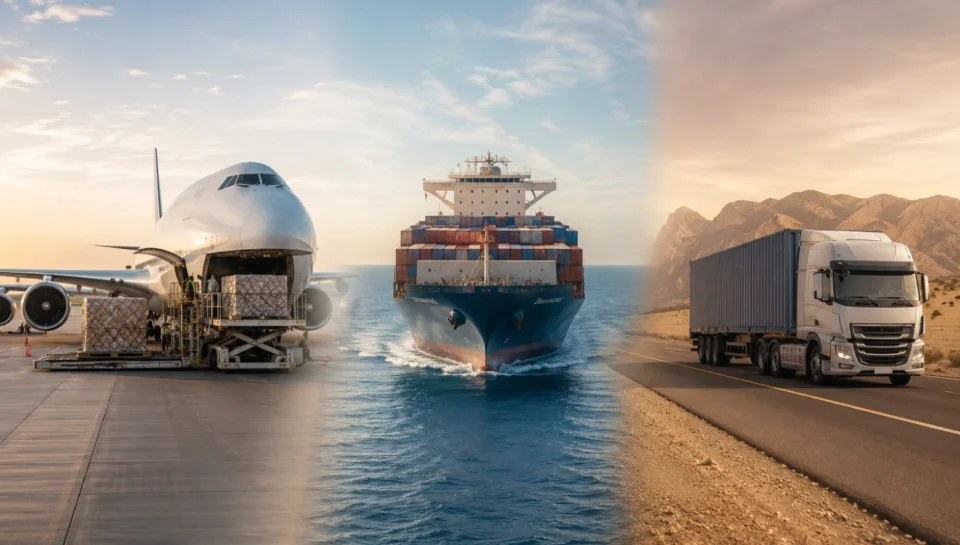 Freight-Transporters-by-Air-Sea-and-Road Freight transporters using air, sea, and road logistics, featuring a cargo plane, container ship, and freight truck connected in a seamless multimodal transportation scene.