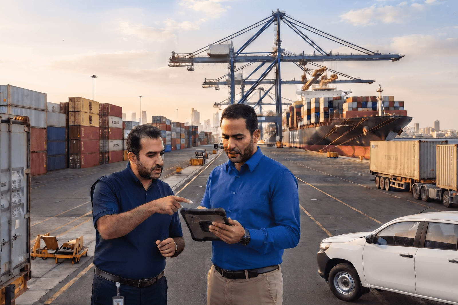 Two male logistics professionals reviewing shipment data on a tablet at a port terminal operated by a freight forwarding logistics company.