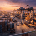 A female logistics engineer in a safety vest and hard hat holding a tablet at a busy container port during sunset, overseen by a freight forwarding logistics company.