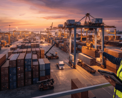 A female logistics engineer in a safety vest and hard hat holding a tablet at a busy container port during sunset, overseen by a freight forwarding logistics company.