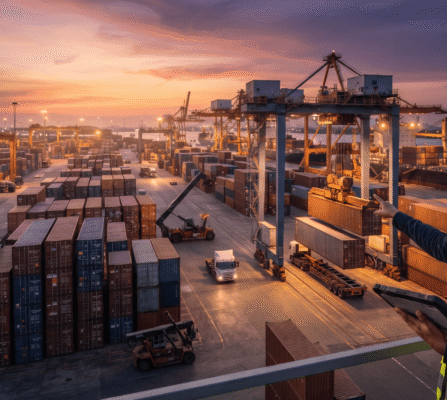 A female logistics engineer in a safety vest and hard hat holding a tablet at a busy container port during sunset, overseen by a freight forwarding logistics company.