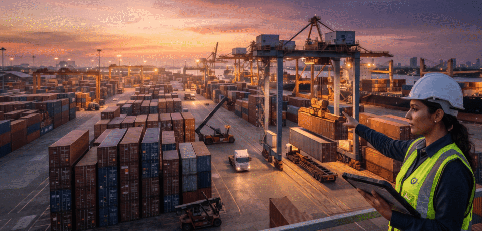 A female logistics engineer in a safety vest and hard hat holding a tablet at a busy container port during sunset, overseen by a freight forwarding logistics company.