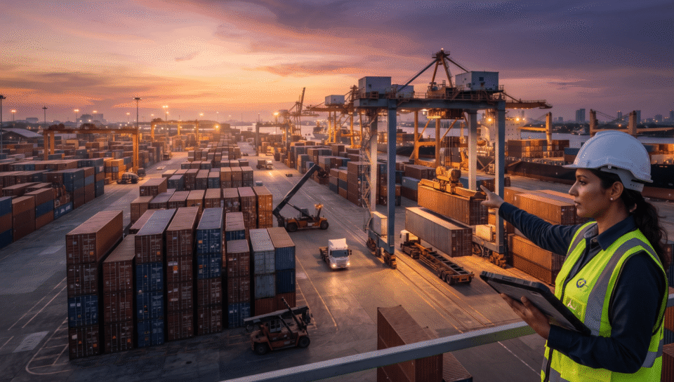 A female logistics engineer in a safety vest and hard hat holding a tablet at a busy container port during sunset, overseen by a freight forwarding logistics company.