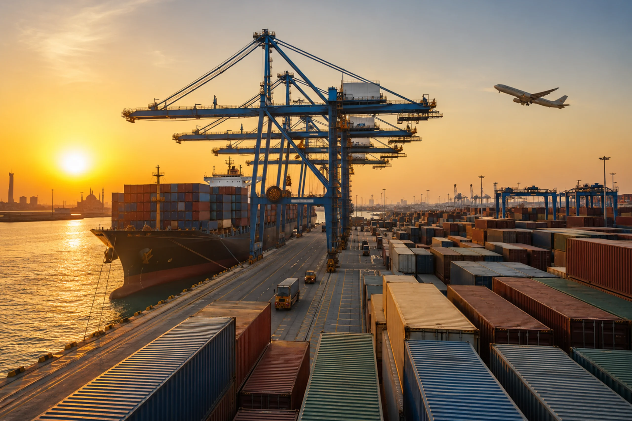 Freight transporters at a busy Saudi Arabian container port with a cargo ship, blue gantry cranes, stacked shipping containers, and a cargo plane taking off during golden hour.
