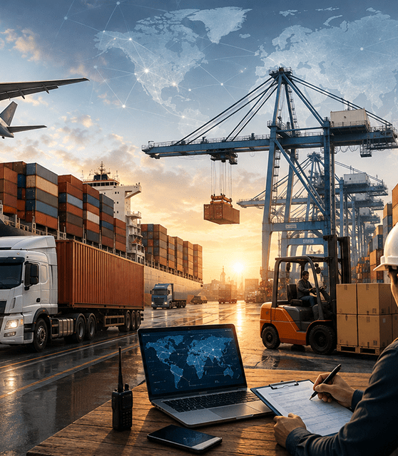 Freight forwarding company managing global sea, air and road cargo logistics at a shipping port