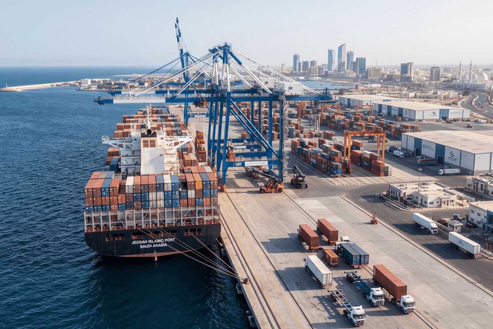 Wide-angle view of a shipping yard with stacked containers and transport trucks for a freight forwarder list.