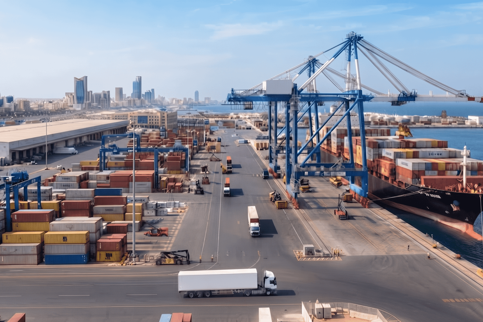 Aerial view of a container ship docked at a busy port during daylight, featured in a freight forwarder list.
