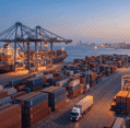 Evening-Port-Logistics-and-Container-Stacking (2) (1) Glowing container port at dusk with cargo ships and stacked containers, ideal for a freight forwarder list.