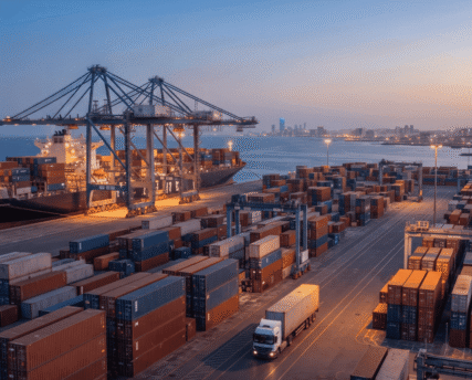 Glowing container port at dusk with cargo ships and stacked containers, ideal for a freight forwarder list.