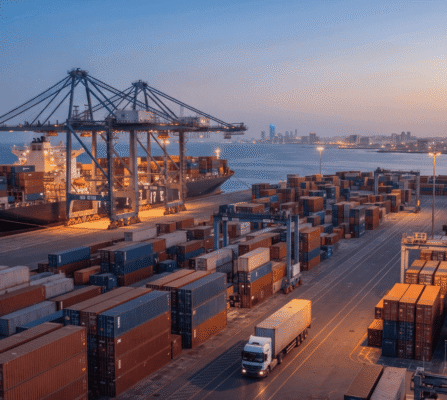Evening-Port-Logistics-and-Container-Stacking (2) (1) Glowing container port at dusk with cargo ships and stacked containers, ideal for a freight forwarder list.