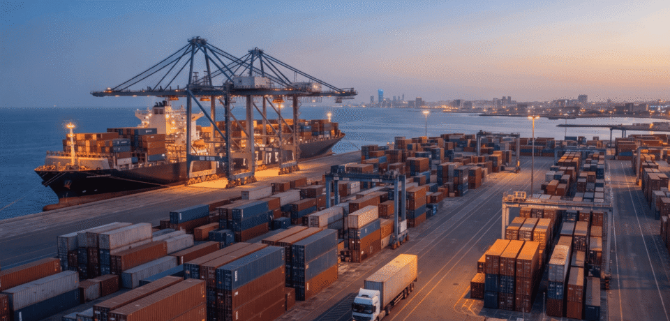 Glowing container port at dusk with cargo ships and stacked containers, ideal for a freight forwarder list.