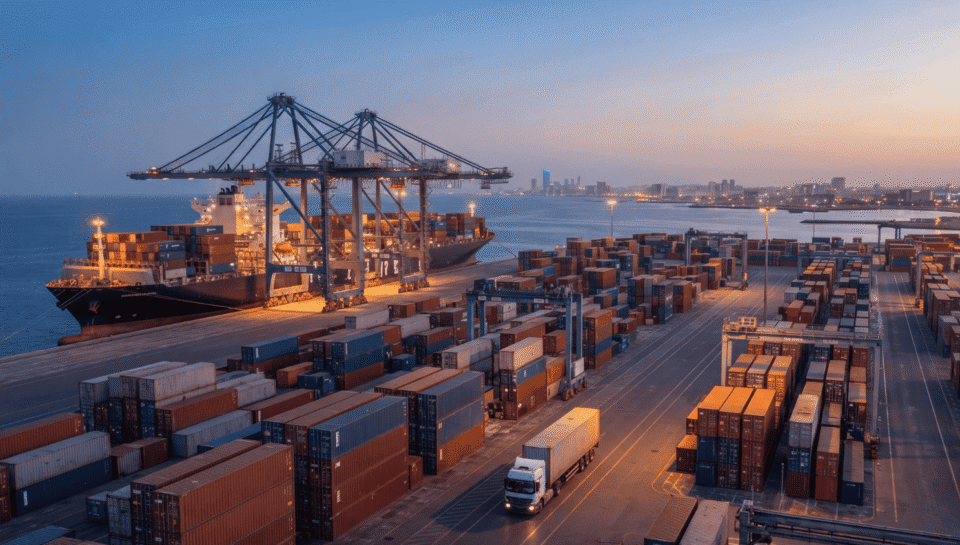 Glowing container port at dusk with cargo ships and stacked containers, ideal for a freight forwarder list.