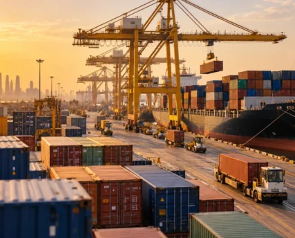 Global freight forwarder managing container shipping and cargo operations at a busy port
