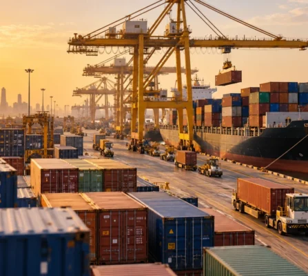 global-freight-forwarder-container-port-logistics Global freight forwarder managing container shipping and cargo operations at a busy port